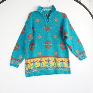 VTG Lizwear Teal Dancing People Aztec Folk Art Knit Sweater Size S Button Collar